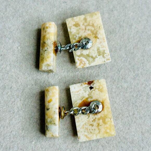 Polished Natural Stone Cufflinks Cream Earth Tones Flecks - Picture 3 of 5
